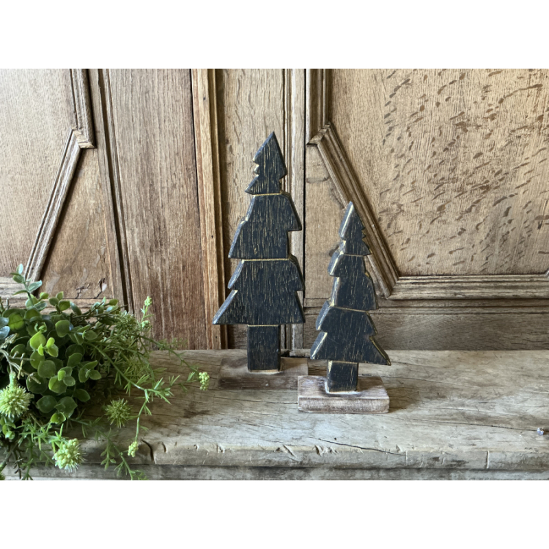 Set houten kerstboompjes zwart goudkleurig